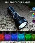 Pocket Size EDC Flashlight With 2000 Lumens, RGB LED, Anduril 2.0 UI, shown on rocks, multi-color light effect displayed.