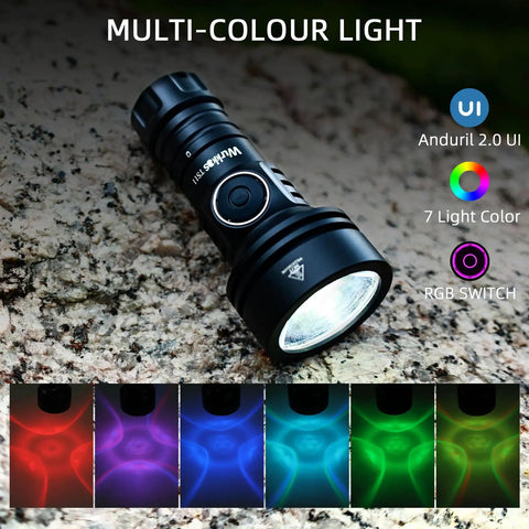 Pocket Size EDC Flashlight With 2000 Lumens, RGB LED, Anduril 2.0 UI, shown on rocks, multi-color light effect displayed.