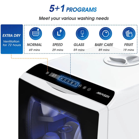 Control panel with digital display for Ultra Compact Countertop Portable Dishwasher With No Hookup Setup, featuring 5+1 wash programs.