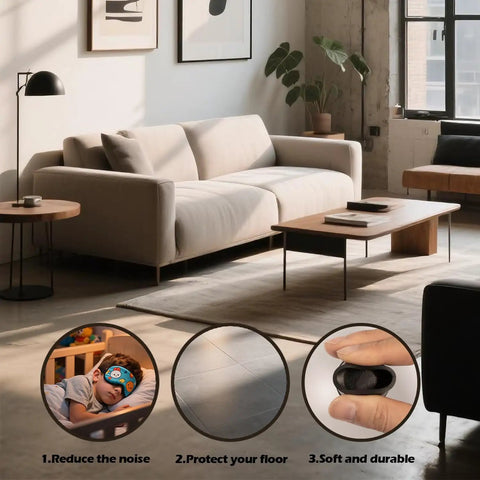 Living room with beige sofa, black lamp, wooden table. Inset shows Four Pack Black Round Rubber Chair Leg Caps And Table Feet Covers.