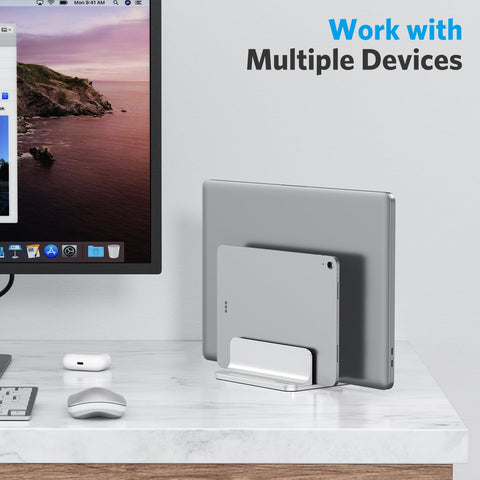 Dual Dock Vertical Laptop Stand With Aluminum Desktop Frame holding two laptops in office setup