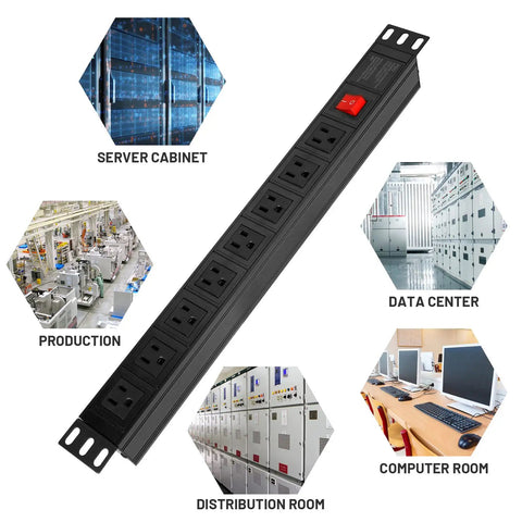 Eight Wide-Spaced Rack Mount Power Strip Surge Protector PDU with right angle outlets, heavy duty 6 foot cord, 8 outlets.