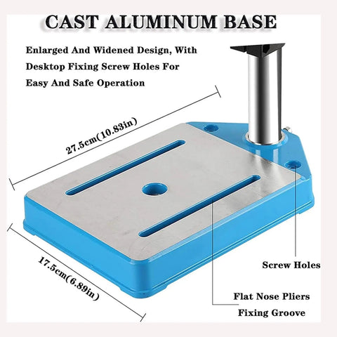 Heavy Duty Electric Drill Stand With 90 Degree Rotatable Head And 80Mm Stroke For High Precision Work. Cast aluminum base with screw holes.
