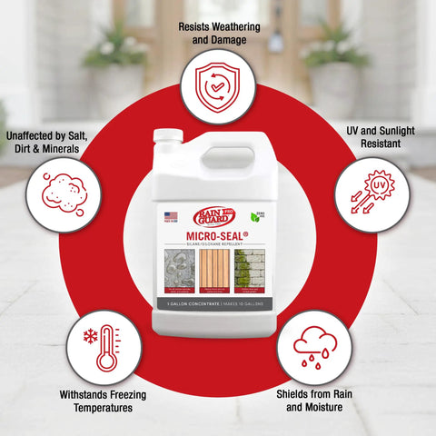 Heavy Duty Water Repellent Concentrate Makes Ten Gallons Deep Penetrating Sealant For Wood Concrete And Masonry Surfaces Clear Natural Finish on a product bottle.