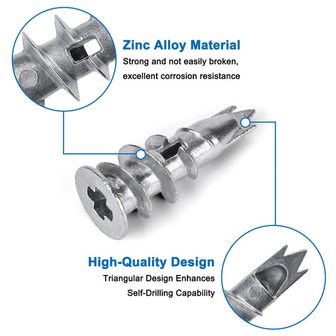 Zinc Self Drilling Drywall Anchors Kit with screws, close-up of metal anchor showing zinc alloy material and design features.