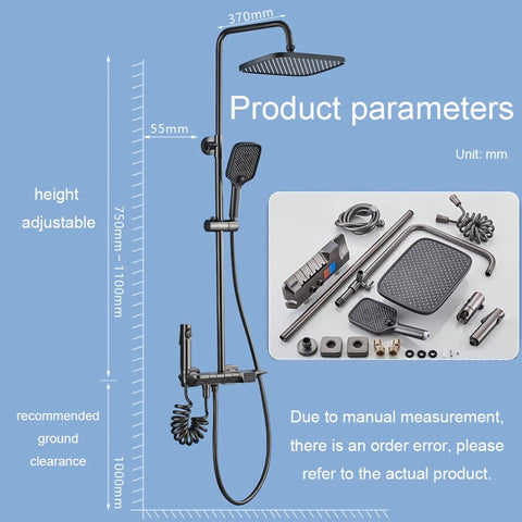 CUTPOIY Black Button Model Constant Temperature 3 Gears Shower Faucet Set Exposed Shower Systems with Rain Shower and Handheld dimensions on display.