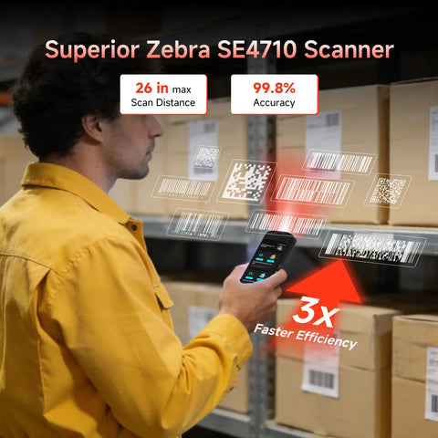 Rugged 5 Inch Android Barcode Scanner With 4G LTE WiFi GPS IP65 Zebra SE4710 Engine in use scanning warehouse boxes