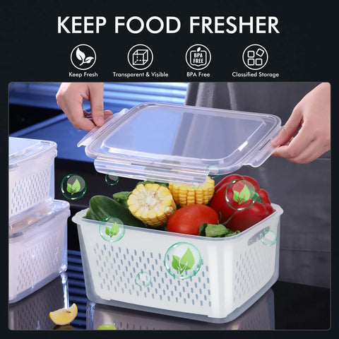5 Pack Large Fridge Storage Containers Set with Leakproof Lids Removable Colander BPA Free for fresh produce meal prep