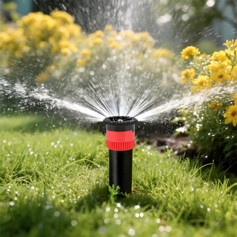 Heavy Duty 10 Pack Variable Arc Sprinkler Head Replacement For Pop Up Irrigation Nozzles watering garden with flowers.