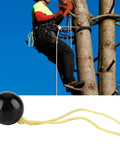 Arborist Retriever Ball Rope Friction Saver For Tree Work, lightweight plastic climbing ball alongside arborist in action, tree climbing gear