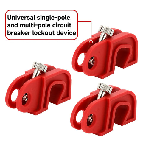 Must Have 20 Piece Circuit Breaker Lockout Device Kit Universal Lockout Tagout Loto For Single Double And Triple Pole Breakers OSHA Compliant Electrical Safety Gear, showing red universal circuit breaker lockout devices with metal screws.