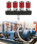 Four Way Straight Air Manifold With Five Ports And One Quarter NPT Inlets Aluminum Line Type Splitter next to industrial equipment