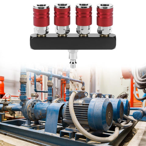Four Way Straight Air Manifold With Five Ports And One Quarter NPT Inlets Aluminum Line Type Splitter next to industrial equipment