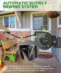 Heavy Duty Retractable Garden Hose Reel with Auto Slow Rewind 82 Feet on wall mount, shown on patio