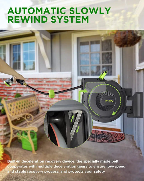 Heavy Duty Retractable Garden Hose Reel with Auto Slow Rewind 82 Feet on wall mount, shown on patio