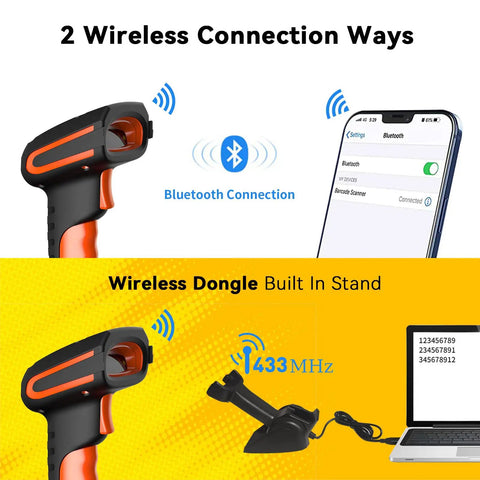 Rugged 2D Industrial Barcode Scanner with Wireless Charging Stand Bluetooth 433MHz 2In1 Reader connections illustration