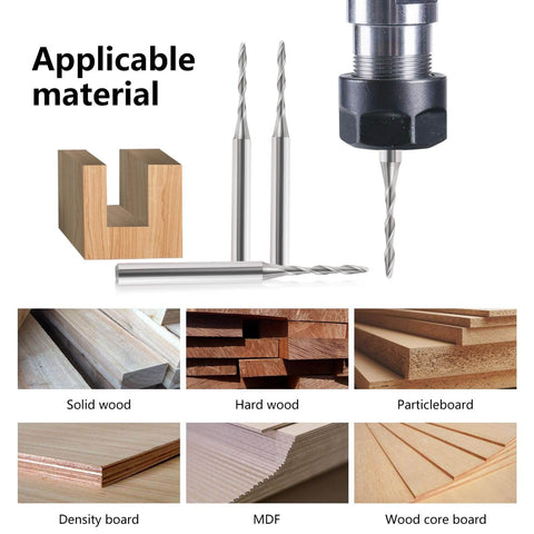 Ball Nose End Mill With One Eighth Inch Shank And One Sixteenth Inch Cutting Diameter For CNC Router Bits Two Flute Spiral Engraving Milling Cutter For MDF Wood Acrylic PVC Engraving And Carving Tool Pro Grade Performance with applicable materials such as wood, MDF, and density board shown.