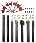 Indexable Lathe Turning Tool Set 3/8 Inch Shank With 7 Metal Lathe Tools And 21 Carbide Inserts Plus 10 Screws For Boring Mini Lathe Projects