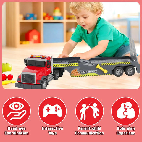 Farm Semi Trailer Truck Toy With Large Flatbed Carrier, Hauls Animal Trailer And Tractor, Real Lights And Sounds in play