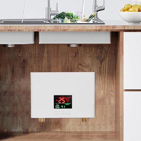 Experience Straight Hot Water Fast With Rock Solid 3000W Electric Heater under sink with digital display showing 25°C temperature.