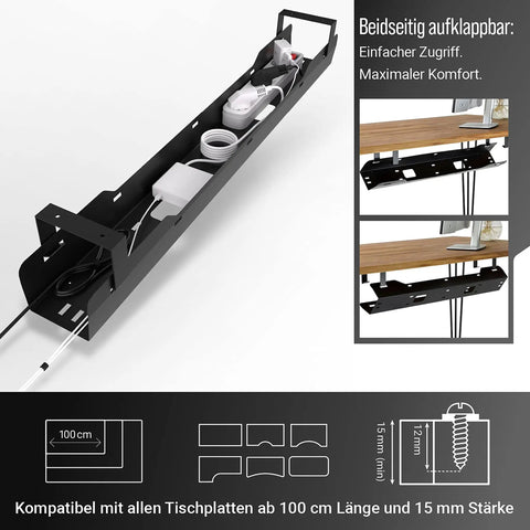 Under Desk Cable Tray For Clean, Mess Free Workspaces, Easy Cable Management Organizer in black holding cables and power cords.