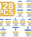 Diagram showing 128-piece Blue Silicone Vacuum Hose Kit For Cars With Color-Matched Connectors, detailing various sizes and connectors.