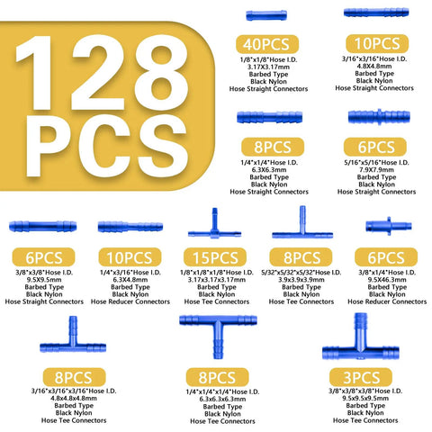 Diagram showing 128-piece Blue Silicone Vacuum Hose Kit For Cars With Color-Matched Connectors, detailing various sizes and connectors.