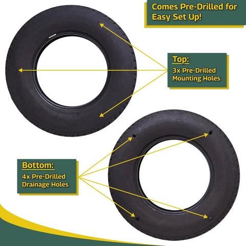 Image showing Heavy Duty Rubber Tire Swing Seat With Adjustable Coated Chains For Outdoor Swing Sets 3 Chain Suspension Easy Install Backyard Playground Accessory Durable Safe Kid Friendly For The Whole Crew, featuring pre-drilled mounting and drainage holes.