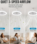 3 Color Dimmable - Flush Mount Ceiling Fan, Quiet Light Remote, Bedroom with three speed settings, showing airflow options.