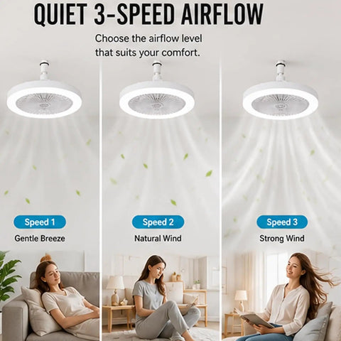 3 Color Dimmable - Flush Mount Ceiling Fan, Quiet Light Remote, Bedroom with three speed settings, showing airflow options.