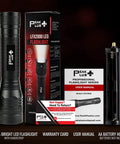 Ultra Bright 1200 Lumen LED Flashlight LFX2000 with box, user manual, and battery holder shown in product display