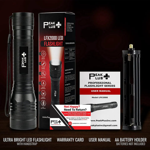 Ultra Bright 1200 Lumen LED Flashlight LFX2000 with box, user manual, and battery holder shown in product display