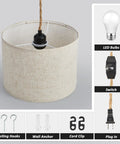 Plug In Pendant Lights With Smooth Dimmer Switch And 15 Foot Braided Hemp Cord For Super Chill Bedroom Or Living Room Vibes Two Pack Quick Hook Up showing beige linen shade and included accessories.