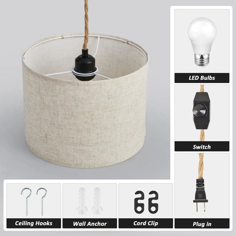Plug In Pendant Lights With Smooth Dimmer Switch And 15 Foot Braided Hemp Cord For Super Chill Bedroom Or Living Room Vibes Two Pack Quick Hook Up showing beige linen shade and included accessories.