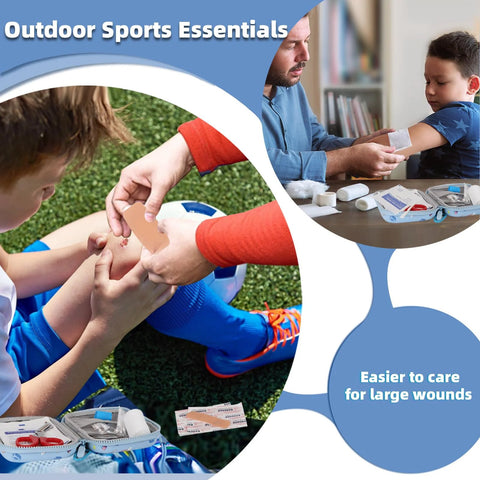 Small travel first-aid kit; compact blue case with bandages and medical supplies for home, car, camping