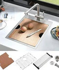 Fifteen Inch Bar Sink Drop In Workstation with Solid Wood Cutting Board and Stainless Grid RV Ready 16 Gauge Topmount Design