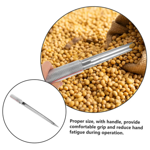 Pro Grade Portable Stainless Steel Grain Sampler With Rubber Grip For Fertilizers And Seeds Precise Sampling For Agriculture And Food Testing Easy To Use And Durable Probe demonstrating sampling of soybeans.