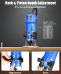 Close-up of 630W Compact Wood Router With Fixed Base And Beast Mode 35000 Rpm Motor showing depth adjustment features.