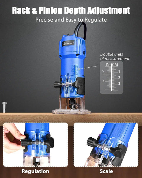 Close-up of 630W Compact Wood Router With Fixed Base And Beast Mode 35000 Rpm Motor showing depth adjustment features.