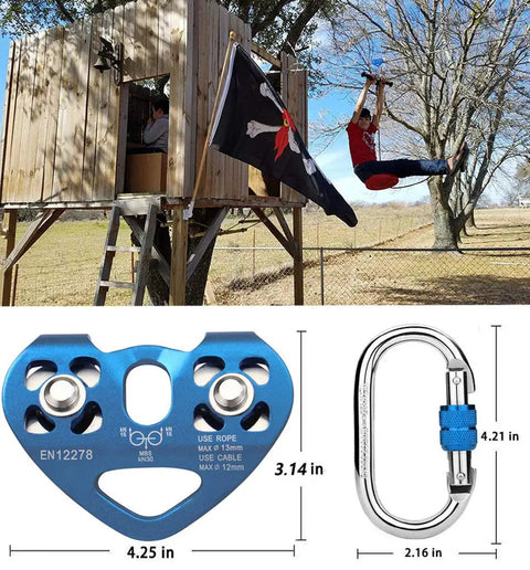 Zipline Pulley System With 30KN Double Tandem Trolley And 25KN Carabiner For Quarter Inch Five Sixteenths Inch Three Eighths Inch And Half Inch Cable Built Tough Outdoor Rescue Gear CE Certified with wood treehouse installation.