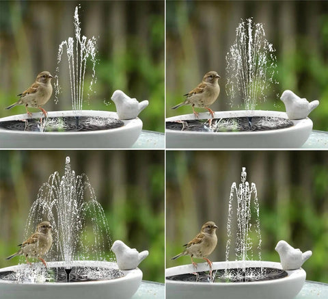 Bird on white fountain with Solar Powered Bird Bath Fountain Pump With USB Charging Plug And Play Direct Sun Operation
