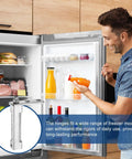 Man using a fridge, with inset showing Zinc Alloy Freezer Door Hinges Replacement Kit with Screws, durable and silver finish.