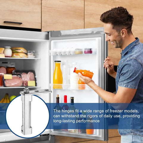 Man using a fridge, with inset showing Zinc Alloy Freezer Door Hinges Replacement Kit with Screws, durable and silver finish.