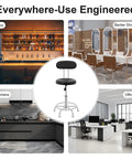 Round Black Hydraulic Swivel Shop Stool With Backrest, Adjustable Height shown in various settings like bars and offices