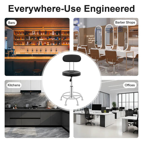 Round Black Hydraulic Swivel Shop Stool With Backrest, Adjustable Height shown in various settings like bars and offices