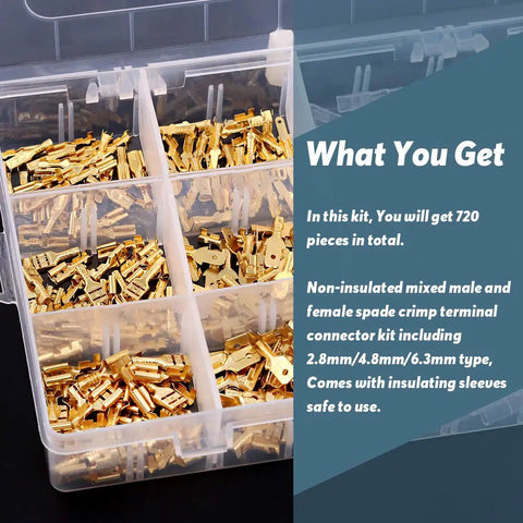 720-Piece Wire Spade Connector Kit With 2.8mm 4.8mm 6.3mm Male And Female Crimp Terminals And Insulating Sleeves in a box
