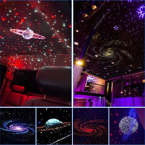 6-Hole RGB Fiber Optic Headliner Starlight Kit With APP Control, galaxy effect, colorful lights, installed in car and room.
