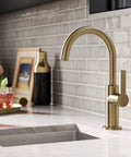 Oletto Single Handle Kitchen Bar Faucet In Spot Free Antique Champagne Bronze with 12 inch tall body, installed in modern kitchen