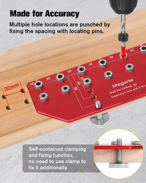 All-In-One Shelf Pin Drilling Jig With 11 Holes, Aluminum Alloy Self-Contained Clamp, includes drill bits and clamp in use