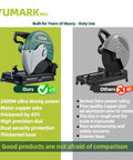Powerful 2400W 3800RPM Chop Saw With 14 Inch Blade 45 Degree Adjustable Metal Cutting Angles For Rebar Angle Iron Hollow Pipe Heavy Duty Steel Cutting Tool next to a less durable chop saw.